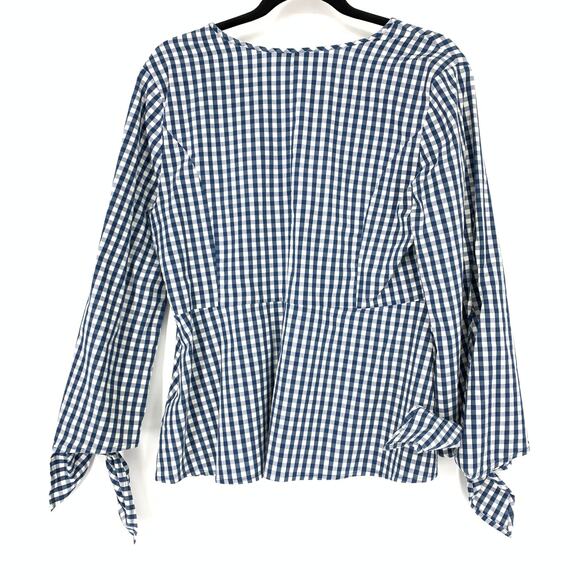 J. Crew Top X Universal Standard Sz M Gingham Tie Sleeve Blouse Blue White - Picture 4 of 8